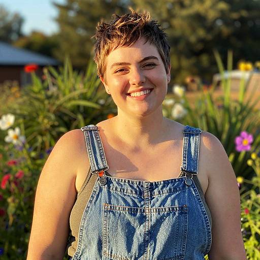 Photograph of a smiling, short-haired woman with light skin, wearing blue denim overalls, standing in a sunlit garden with colorful flowers.