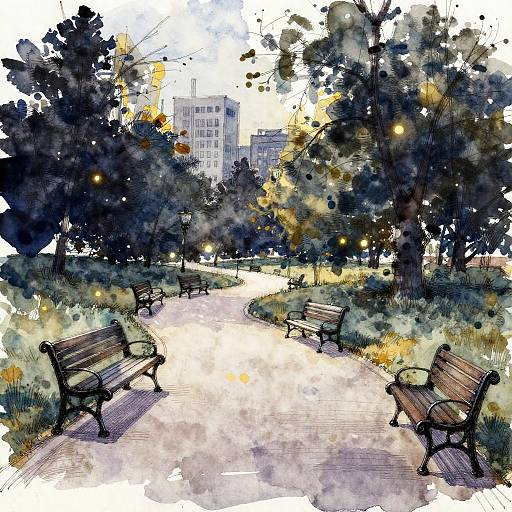 Nocturnal Watercolor City Park Sketch