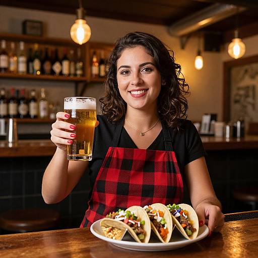 Cozy Bar Scene with Woman Serving Beer and Tacos
