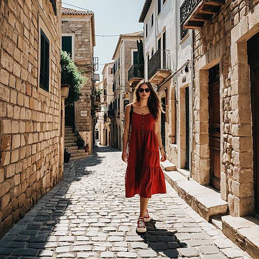Woman in Red Dress Walking Down Mediterranean Alley