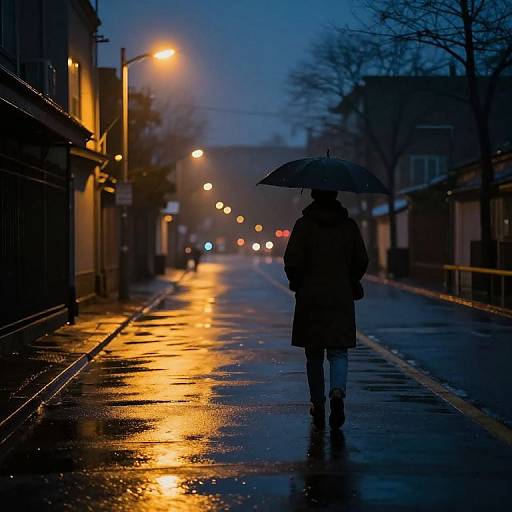 Photograph of a silhouetted person with an umbrella walking on a rain-soaked, illuminated street at twilight, with glowing streetlights and blurred