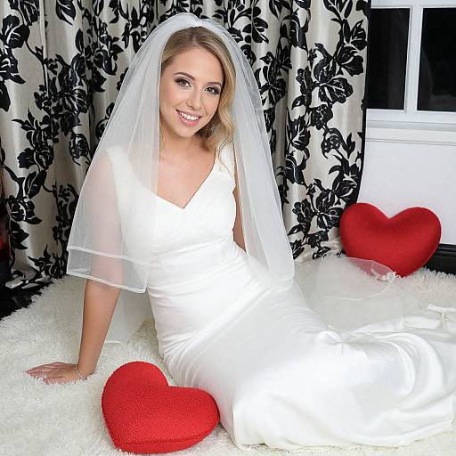 Photograph of a smiling blonde bride in white dress and veil, sitting on white fur rug with black floral curtains, and two red heart pillows.