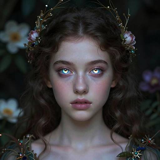 Photorealistic digital portrait of a fair-skinned, wide-eyed young woman with glowing blue eyes, wavy brown hair, floral crown, and delicate