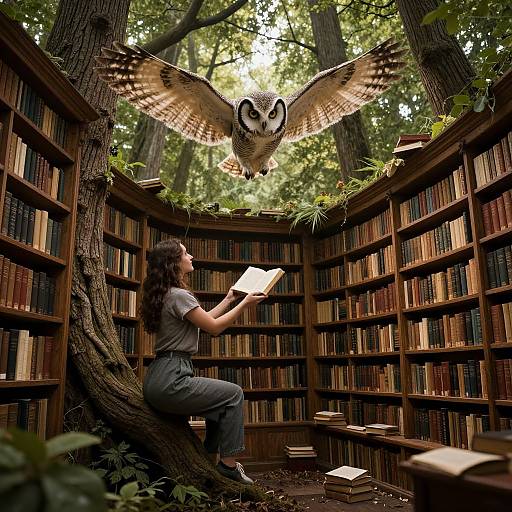 Photograph of a woman with curly hair reading in a magical forest library, surrounded by bookshelves, with a flying owl above.