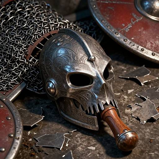 Photorealistic digital art of a medieval silver knight's helmet with intricate patterns, a wooden beak, lying on chainmail and red shields, surrounded