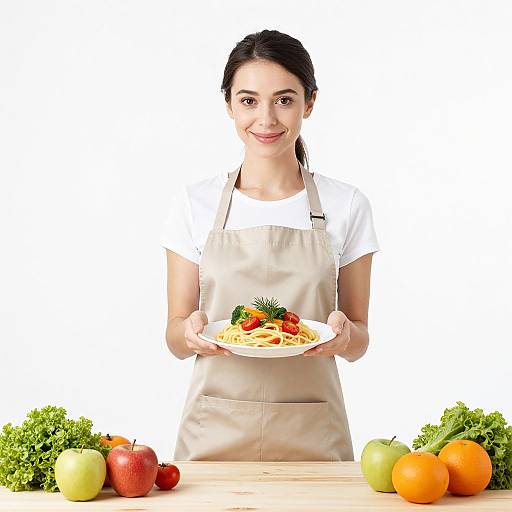 Photograph of a smiling woman with dark hair in a white shirt and beige apron, holding a plate of pasta with vegetables, surrounded by fresh fruits