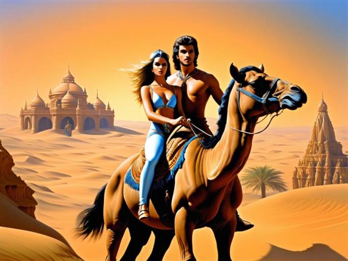 Couple Riding Camel in Desert with Arabian Architecture