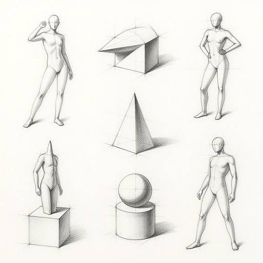 Black-and-white sketch of six human figures in various poses, alongside geometric shapes including a cube, pyramid, and sphere.