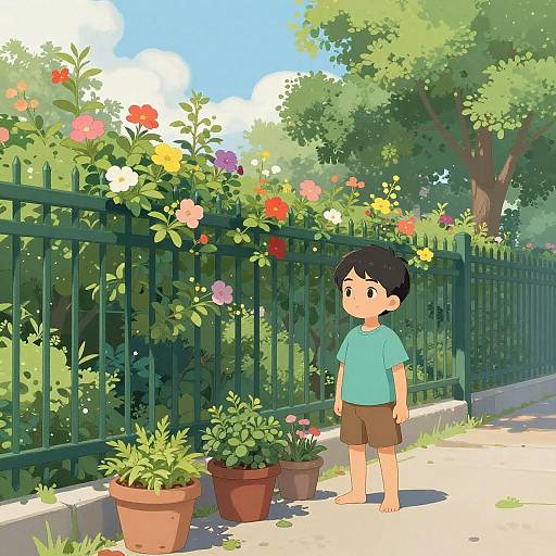 Colorful Garden Scene with Young Boy