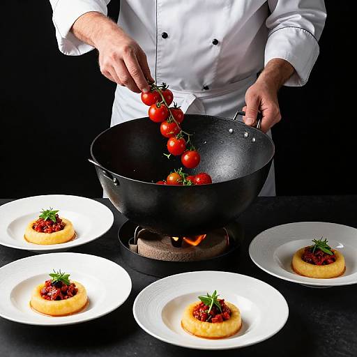 Chef Tosses Vibrant Tomatoes in Cauldron
