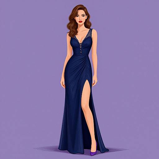 Digital illustration of a beautiful woman with wavy brown hair, wearing a deep blue, sleeveless, V-neck gown with a high slit and purple heels