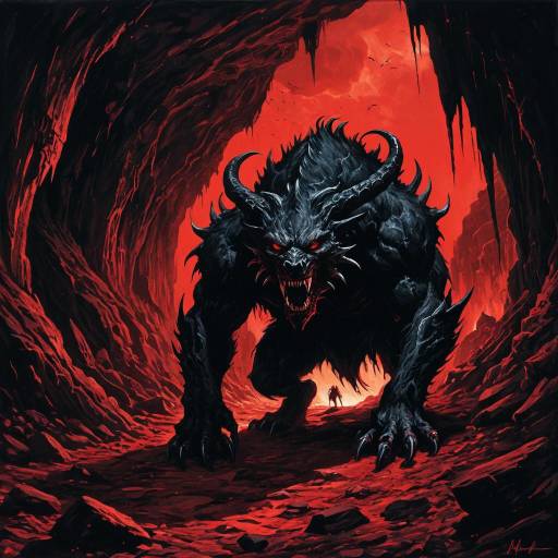 Malevolent Shadow Beast in Blood-Red Cave
