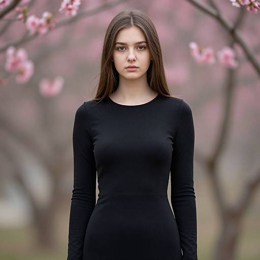 Photograph of a young woman with long brown hair, wearing a black long-sleeve dress, standing in a blurred background of pink cherry blossoms