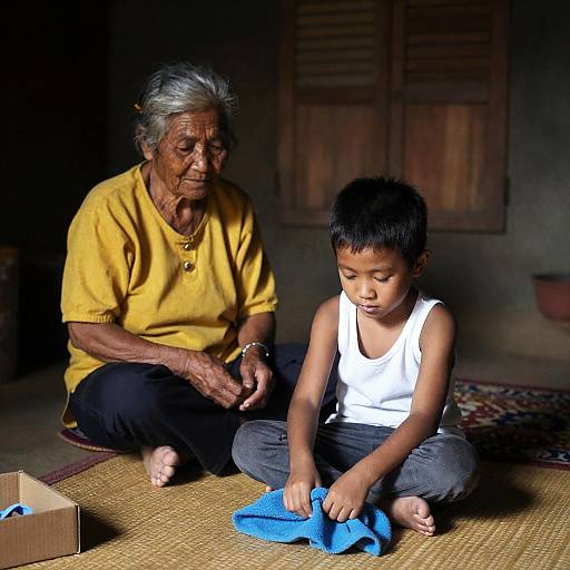 Elderly Woman and Young Boy in Rustic Room