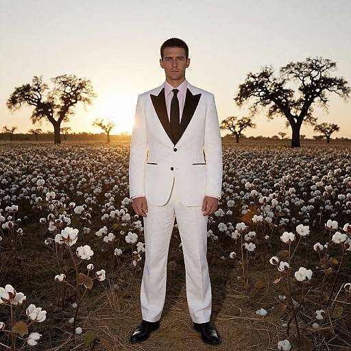 Photograph of a man in a white suit with black lapels, black tie, and black shoes standing in a sunlit cotton field at sunset,