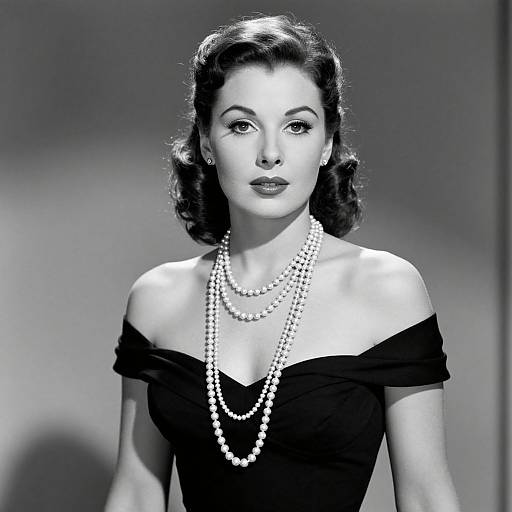 Black-and-white photograph of a 1940s-style woman with wavy hair, wearing an off-shoulder black dress and multiple pearl necklaces