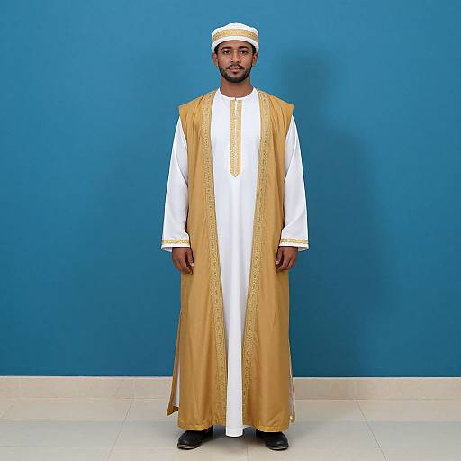 Photograph of a Black man with a beard, wearing a white traditional outfit, gold embroidered vest, and white cap, standing against a blue wall.