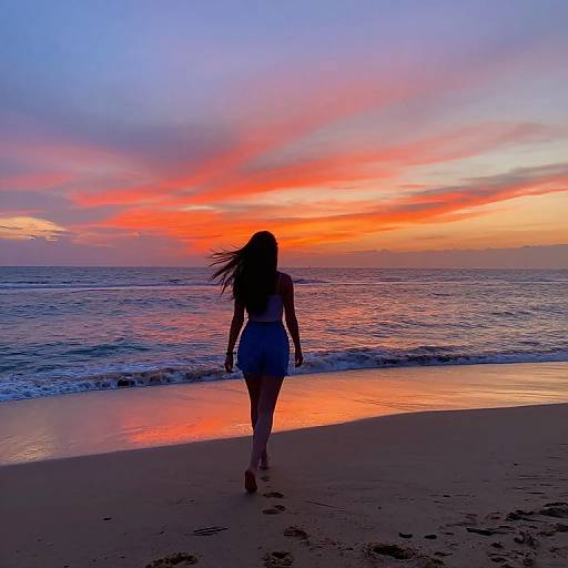 Photograph of a woman with long hair in a white top and shorts walking on a beach at sunset, silhouetted against a vibrant, colorful