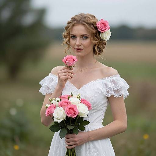Photograph of a blonde woman with curly hair, wearing a white off-shoulder lace dress, holding pink and white roses, standing in a blurred