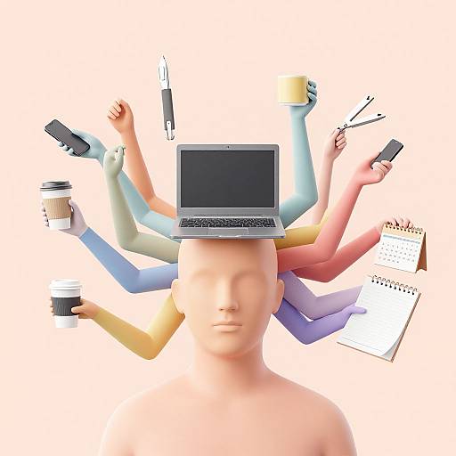 Digital illustration of a faceless, nude human with six colorful arms holding a laptop, coffee cups, pen, phone, notebook, and notepad.