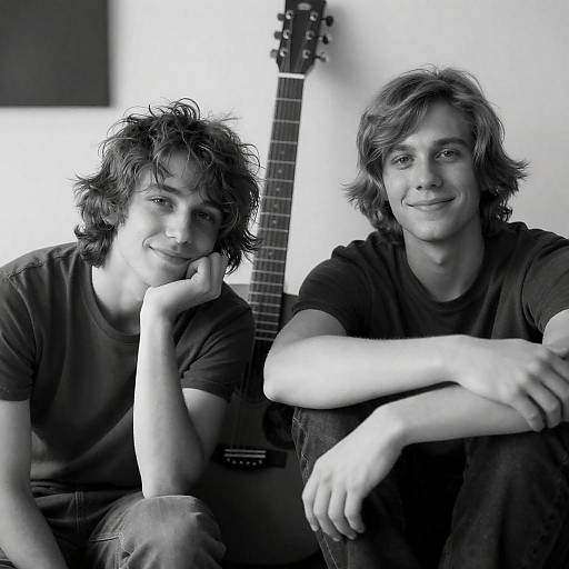 Black and White Portrait of Two Young Men with Guitar
