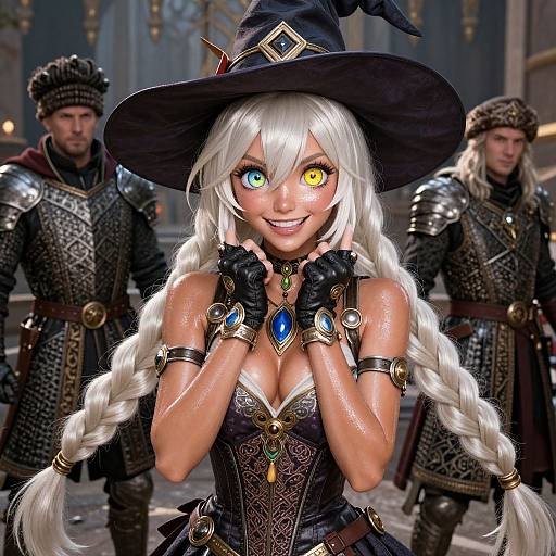 Digital artwork of a white-haired, heterochromatic witch with glowing eyes, wearing a black hat and ornate, revealing dress, flanked by armored