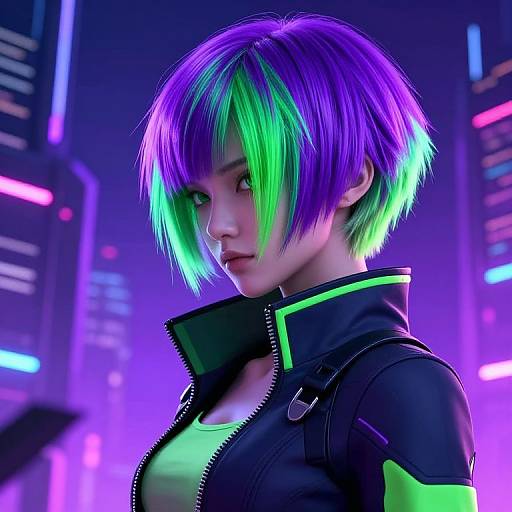 Digital artwork of a cyberpunk woman with neon purple and green hair, glowing green eyes, wearing a black and green jacket, against a vibrant cityscape