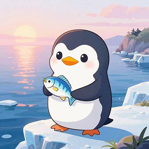 Cartoon penguin holding small blue fish on icy ledge, pastel sunset over calm ocean, rocky cliffs in background. Digital art style.