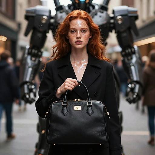 Fashionable Redhead Woman with Black Bag and Mecha Robot
