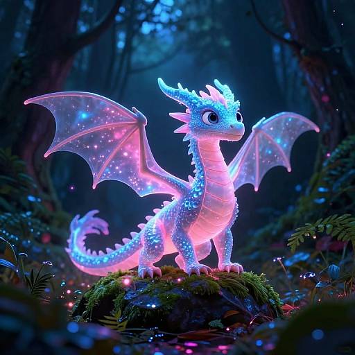 Glowing, neon-blue and pink dragon with sparkling wings stands on mossy rock in mystical, dark forest illuminated by bioluminescent lights.