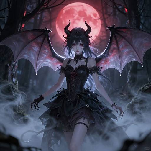 Digital artwork of a dark, demonic female figure with black wings, horns, and a gothic dress, standing in a misty forest under a glowing