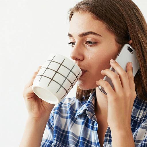 Photograph of a young woman with light brown hair, wearing a blue plaid shirt, drinking from a white grid-patterned mug while holding a white