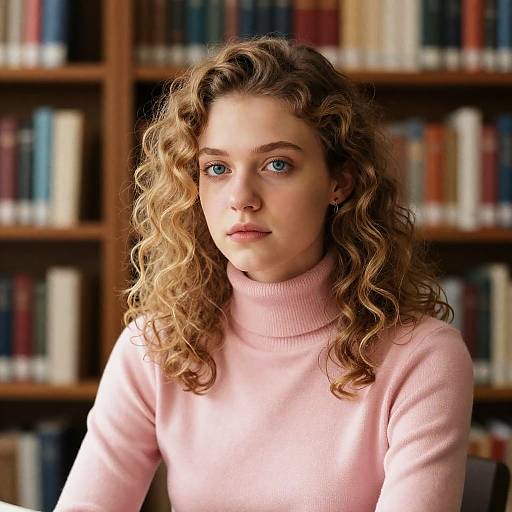 Young Woman in Library with Pink Turtleneck
