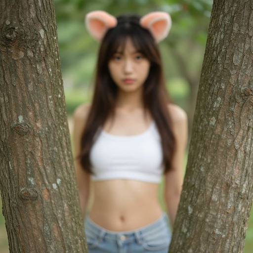 Photograph of an Asian woman with long dark hair, wearing a white crop top, blue jeans, and pink cat ears, standing between two trees in