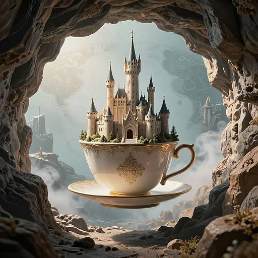 Fantasy illustration of a grand castle inside a floating, ornate teacup, viewed through a rocky cave opening, with misty, whimsical