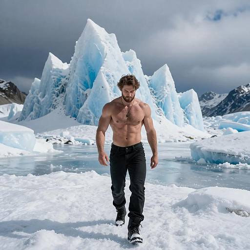 Shirtless Bearded Man in Frozen Peak