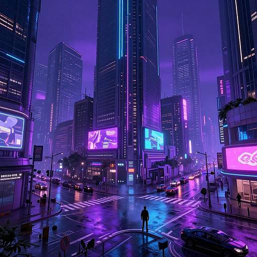 Neon-lit cyberpunk cityscape at night, with tall, illuminated skyscrapers, vibrant purple and blue lights, rainy streets, and a