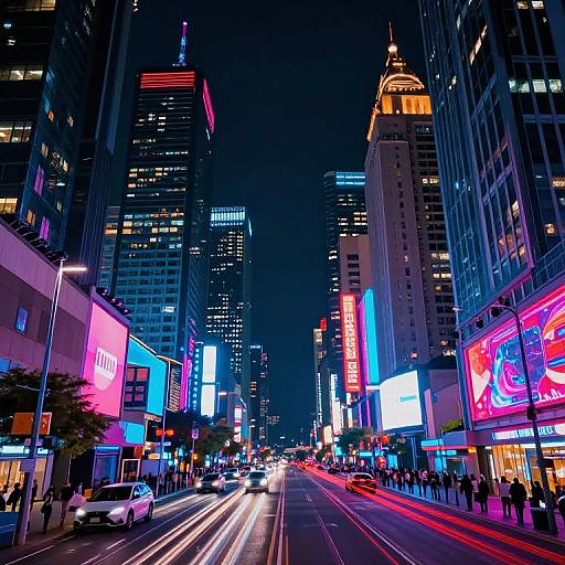 Vibrant nighttime photograph of a bustling city street, featuring neon lights, tall skyscrapers, bright billboards, and long light trails from moving