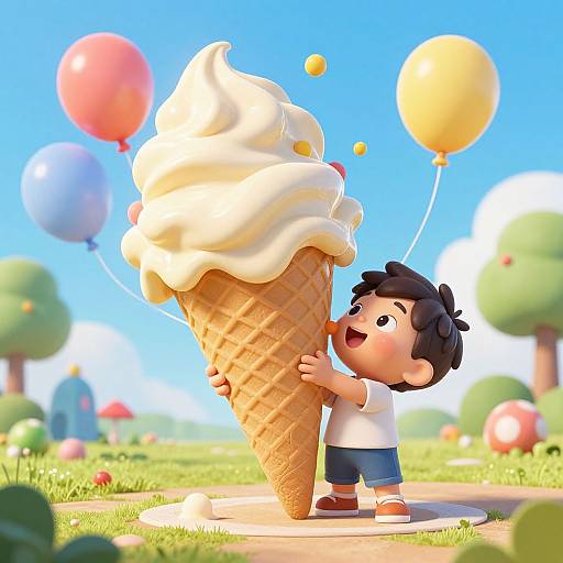Cartoon boy with black hair, white shirt, blue shorts, joyfully holds giant ice cream cone, colorful balloons in sunny park.