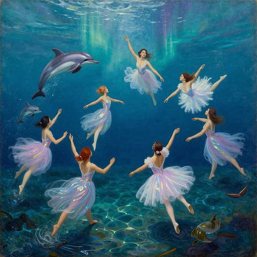 Digital painting of seven ballerinas in white tutus dancing underwater with dolphins, surrounded by vibrant blue light and ocean currents.