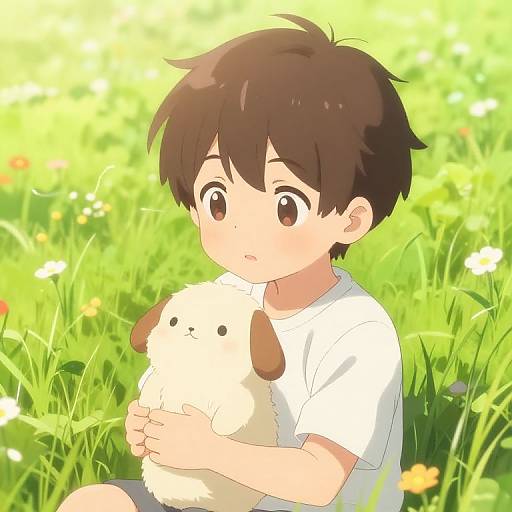 Anime-style drawing of a young boy with brown hair, white shirt, and brown shorts, holding a fluffy white dog with brown ears in a sunlit