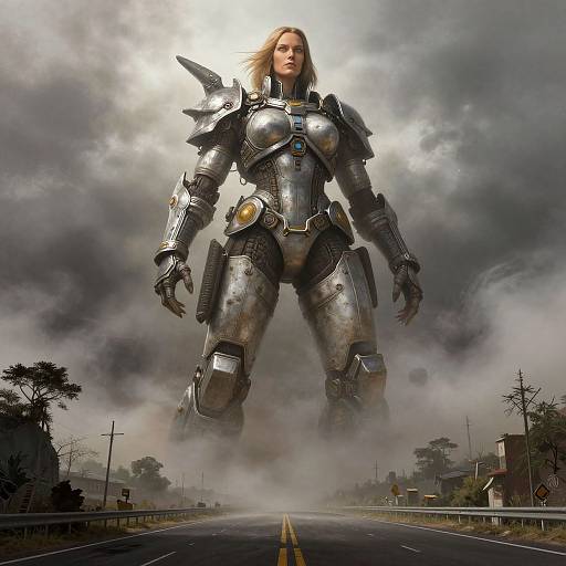 Photorealistic digital artwork of a towering, armored woman with silver power armor, standing on a foggy, deserted road, with dramatic clouds in the