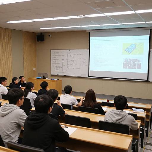 Photograph of a classroom with Asian students in black and white shirts, seated in rows, listening to a presentation on a projector screen and whiteboard.