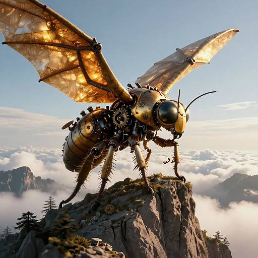 Digital art of a mechanical, golden insect with transparent wings standing on a rocky peak, surrounded by clouds and mountains.