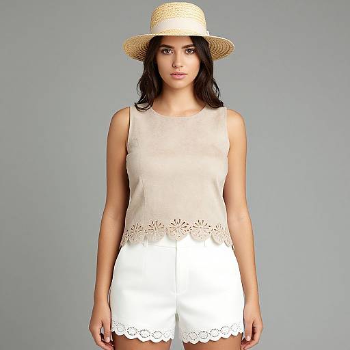 Photograph of a young woman with medium brown skin, dark hair, wearing a beige straw hat, sleeveless white lace-trimmed top, and