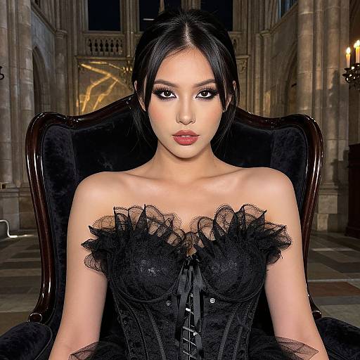 Photograph of an Asian woman with long black hair, wearing a black lace corset with ruffles, sitting in a dark, ornate chair in