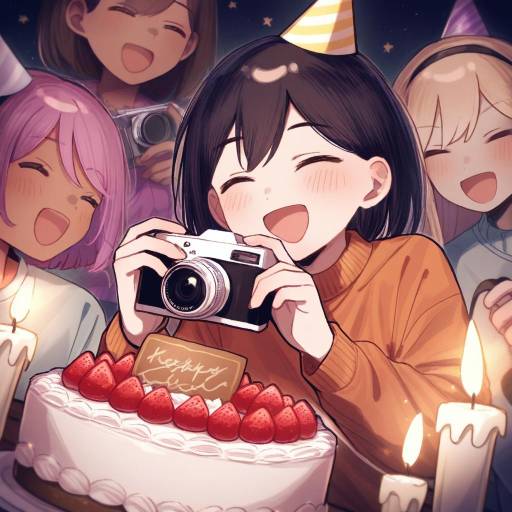 Girls Celebrating with Cake and Camera