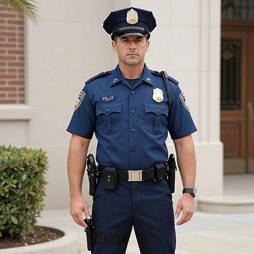 Photograph of a serious, white male police officer in navy uniform, hat, badge, and utility belt, standing in front of a building.