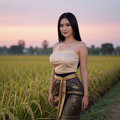 Photograph of an Asian woman with long black hair, wearing a gold strapless top and black patterned skirt, standing in a rice field at sunset