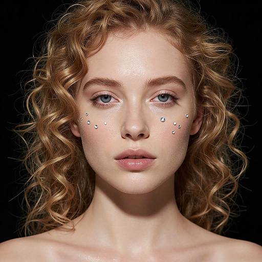 Photograph of a fair-skinned, blue-eyed woman with curly red hair, wearing sparkling star-shaped face gems, against a black background.